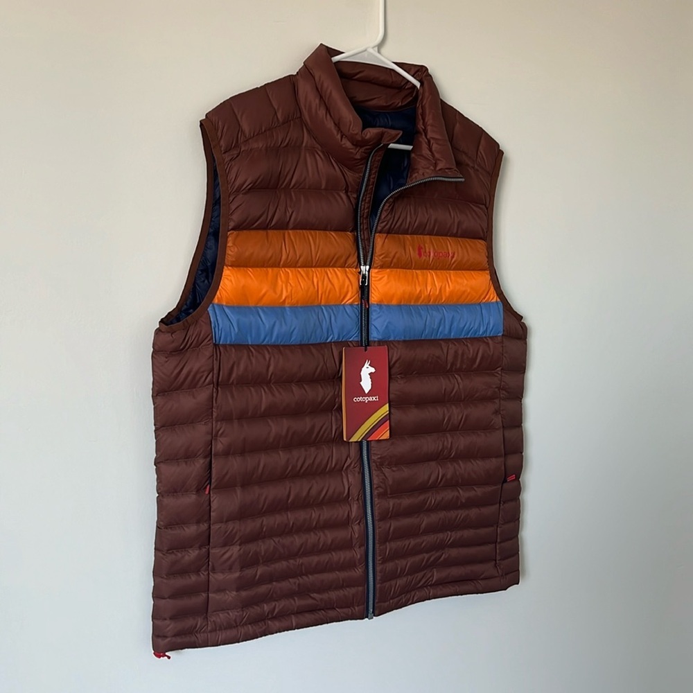 Cotopaxi Men’s Fuego Down Brown Acorn Stripes Jacket, NWT